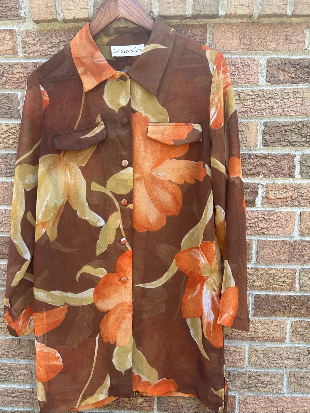 Vtg Piace’re Brown Floral Button-Down Shirt - Orange & Cream Bloom size medium